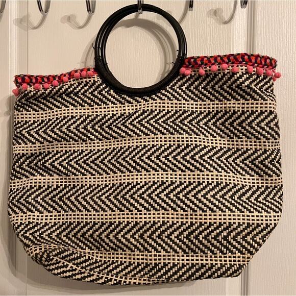 Handbags - Black and Beige Woven Tote Bag